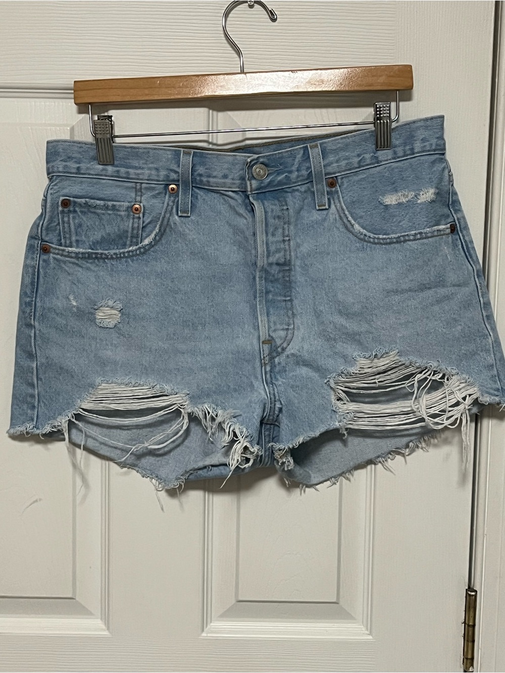 Levi Light Blue Distressed Denim Shorts - Women